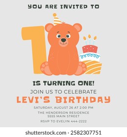 Greeting and invitation card for kids first Birthday party. Cute baby bear, cake with candles, number 1 in flat childrens style. Vector illustration, design for card, poster, event