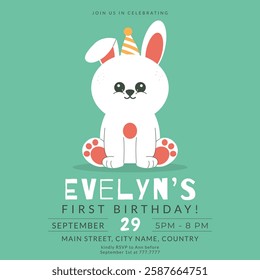 Greeting and invitation card for kids first Birthday party. Cute baby rabbit  in flat childrens style. Vector illustration, design for card, poster, banner