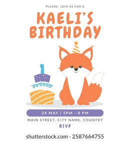 Greeting and invitation card for kids first Birthday party. Cute baby animal fox and cake with number 1 in flat childrens style. Vector illustration, design for card, poster, event