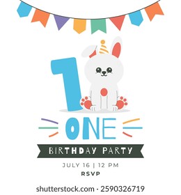 Greeting and invitation card for kids first Birthday party. Cute baby bunny and number 1 in flat childrens style. Vector illustration, design for card, poster, banner