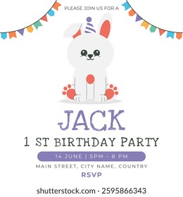 Greeting and invitation card for kids first Birthday party. Cute baby bunny, rabbit in flat childrens style. Vector illustration, design for card, poster, banner