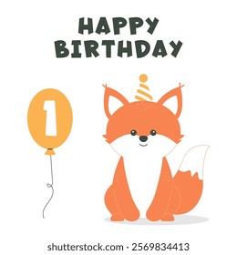 Greeting and invitation card for kids Happy Birthday. Cute baby animal fox and balloon with number 1 in flat childrens style. Vector illustration, design for card, poster, event