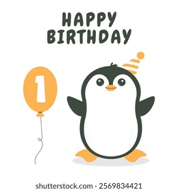 Greeting and invitation card for kids Happy Birthday. Cute baby animal penguin and balloon with number one in flat childrens style. Vector illustration, design for card, poster, event