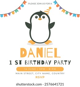 Greeting and invitation card for kids Happy Birthday party. Cute baby animal penguin in flat childrens style. Vector illustration, design for card, poster, event