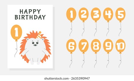 Greeting and invitation card for kids Happy Birthday. Cute baby hedgehog and balloons with numbers in flat childrens style. Vector illustration, design for card, poster, event