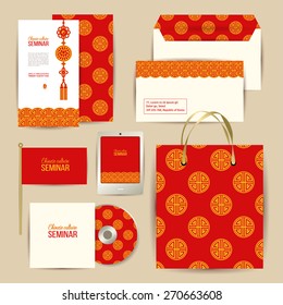 Greeting or invitation card, letter, flag, disk with packaging, phone / tablet interface design, paper bag. Asian ornament. Stamp with hieroglyph for 'Joy'. Typographic template for your text. Vector