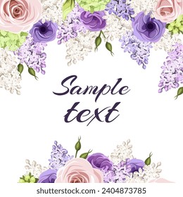 Greeting or invitation card with pink, purple, and white roses, lisianthus flowers, and lilac flowers. Hand-drawn illustration, not AI