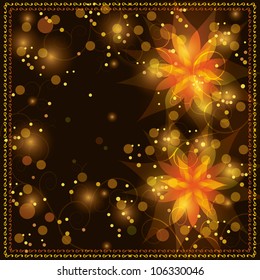 Greeting or invitation card in retro or grunge style. Floral background with lilies and decorative golden ornament. Place for text, vector illustration