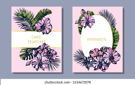 greeting invitation card template design with orchids and tropical leaves background, exotic floral design Vector illustration