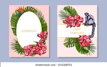 greeting invitation card template design with lemur and tropical leaves background, exotic floral design for banner, flyer, invitation, poster, web site or greeting card. Vector illustration