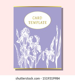 greeting invitation card template design with Iris flowers, exotic floral design for banner, flyer, invitation, poster, web site or greeting card. Vector illustration