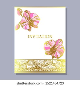 greeting invitation card template design with orchids and Ethnic ornament, exotic floral design for banner, flyer, invitation, poster, web site or greeting card. Vector illustration
