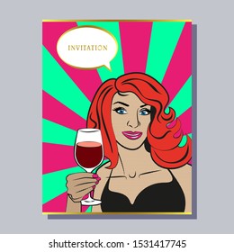 greeting invitation card template design with pop art woman. Beautiful woman Close up drinking wine. Design for banner, flyer, invitation, poster, web site or greeting card. Vector illustration 