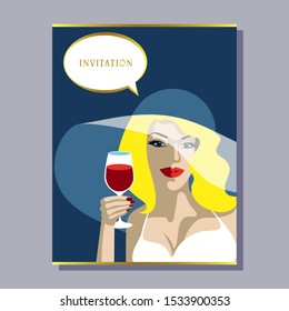 greeting invitation card template design with pop art woman. Beautiful woman Close up drinking wine. Design for banner, flyer, invitation, poster, web site or greeting card. Vector illustration 