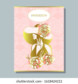 greeting invitation card template design with beautiful woman. Design for banner, flyer, invitation, poster, web site or greeting card. Vector illustration 
