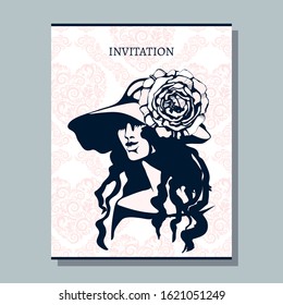 greeting invitation card template design with beautiful woman. Design for banner, flyer, invitation, poster, web site or greeting card. Vector illustration 