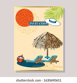 greeting invitation card template design with summer beach. Design for banner, flyer, invitation, poster, web site or greeting card. Vector illustration