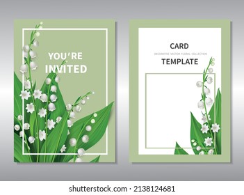 Greeting или invitation card template design, lily of the valley flowers (convallaria majalis)  with leaves on green background.