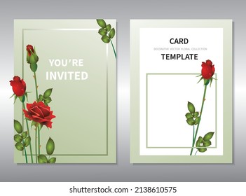 Greeting (invitation) card template design, red roses flowers with leaves on green background. 