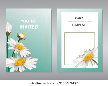 Greeting or invitation card template design - white chamomile flowers on light green background. Vector illustration with place for text.