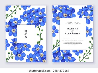 Greeting or invitation card template design with blue forget-me-not flowers in realistic style with high detail. Hand drawn vector poster, invitation, card, cover, party or social media template