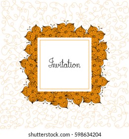 Greeting invitation card template in doodle style. hand drawn elements of peonies, flourish background and text for your business