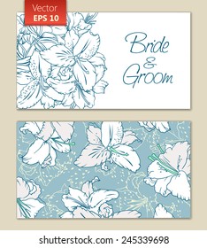 Greeting or invitation card template with white flowers. Front and back