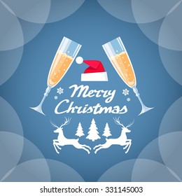 Greeting Invitation Card Two Glasses Champagne Toast Happy New Year Merry Christmas Flat Vector Illustration