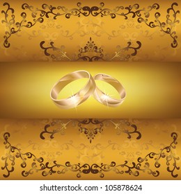 Greeting or invitation card with two wedding rings and golden decorative ornament,  retro or vintage style, vector illustration
