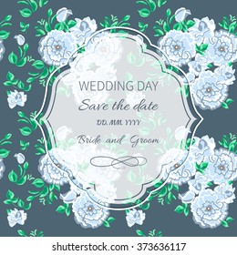 Greeting or invitation card wedding day.Frame on background of floral pattern with roses