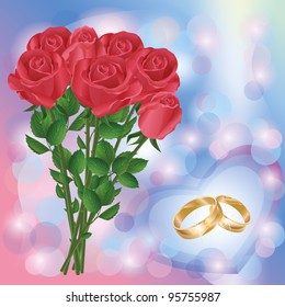 Greeting or invitation cards with bouquet of red roses and wedding rings