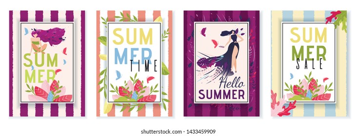 Greeting and Invitation Cards or Social Stories Vector Set. Summer Time. Vertical Banner Kit with Welcoming and Sales Phrase, Beautiful Women and Foliage. Seasonal Vacation and Discounts Illustration