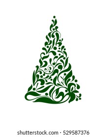  Greeting, invitation cute card. Simple decorative illustration for print, web. green Christmas tree with jewels on a light background.