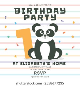 Greeting and invitation for first Birthday party. Cute baby animal panda and number one in flat childrens style. Vector illustration, design for card, poster, event