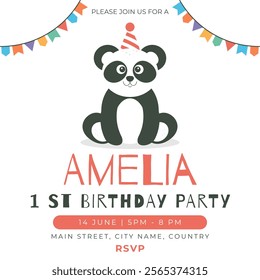 Greeting and invitation for first Birthday party. Cute baby animal panda in flat childrens style. Vector illustration, design for card, poster, event