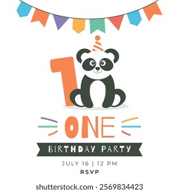 Greeting and invitation for first Birthday party. Cute baby panda and number 1 in flat childrens style. Vector illustration, design for card, poster, event