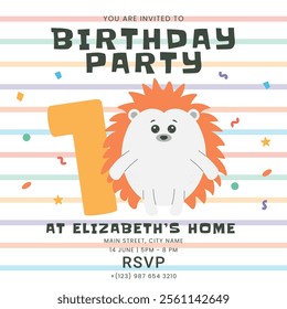 Greeting invitation for first kids Birthday party. Cute baby hedgehog and number one in flat childrens style. Vector illustration, design for card, poster, event