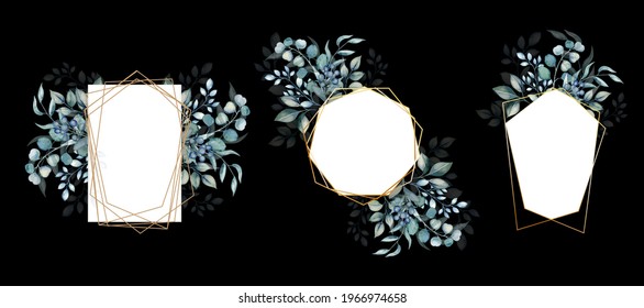 Greeting invitation frame set, watercolor leaves isolated. Hand drawn vectoe watrcolor style.