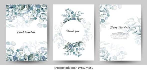 Greeting invitation frame set, watercolor leaves isolated. Hand drawn vector watercolor style.