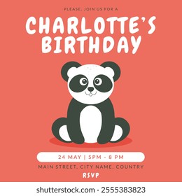 Greeting and invitation for girls Birthday party. Cute baby animal panda in flat childrens style. Vector illustration, design for card, poster, event, prints