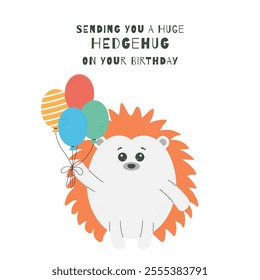 Greeting and invitation for kids Birthday party. Cute baby animal hedgehog and balloons in flat childrens style. Vector illustration, design for card, poster, event, prints