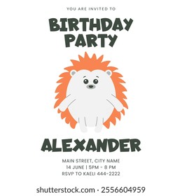 Greeting invitation for kids Birthday party. Cute baby hedgehog in flat childrens style. Vector illustration, design for card, poster, event, prints