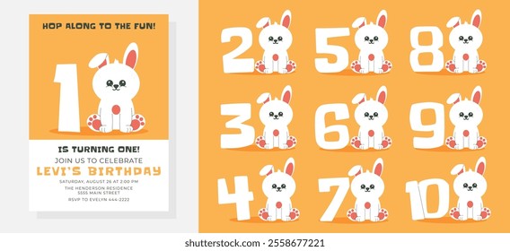 Greeting and invitation for kids Birthday party. Cute bunny and set numbers and rabbit in flat childrens style. Vector illustration collection, design for card, poster, event, prints