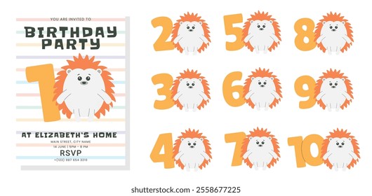 Greeting and invitation for kids Birthday party. Cute Hedgehog and number in flat childrens style. Vector illustration collection, design for card, poster, event, prints