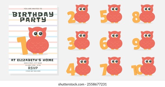 Greeting and invitation for kids Birthday party. Cute owl and set of numbers with bird in flat childrens style. Vector illustration collection, design for card, poster, event, prints