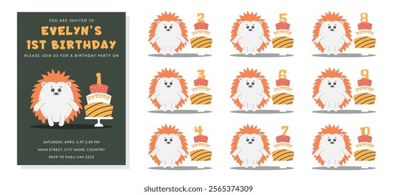 Greeting and invitation for kids Birthday party. Cute Hedgehog and cake with number in flat childrens style. Vector illustration collection, design for card, poster, event, prints