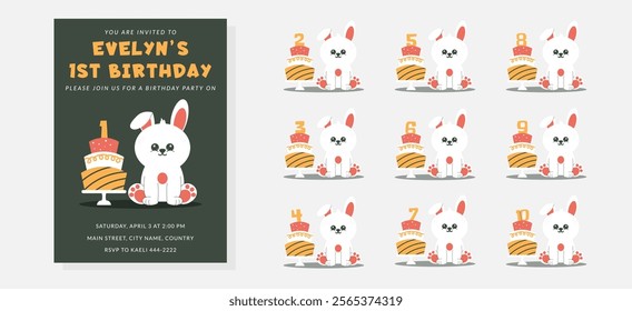 Greeting and invitation for kids Birthday party. Cute bunny and set cake with number and rabbit in flat childrens style. Vector illustration collection, design for card, poster, event, prints