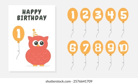 Greeting and invitation for kids Birthday party. Cute owl and set of balloon with number in flat childrens style. Vector illustration collection, design for card, poster, event, prints