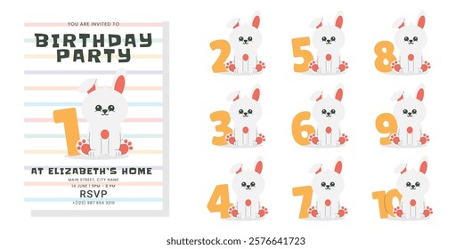 Greeting and invitation for kids Birthday party. Cute bunny and set numbers and rabbit in flat childrens style. Vector illustration collection, design for card, poster, events