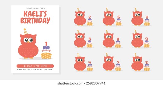 Greeting and invitation for kids Birthday party. Cute owl and set of cake with number with bird in flat childrens style. Vector illustration collection, design for card, poster, event, prints
